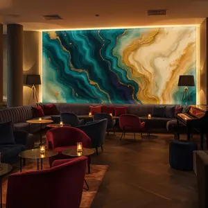 Ocean Gold Flow Resin Mural - Deep Blue and Champagne Marble Wallpaper for Luxe Homes, Hotels, or Spa Retreats