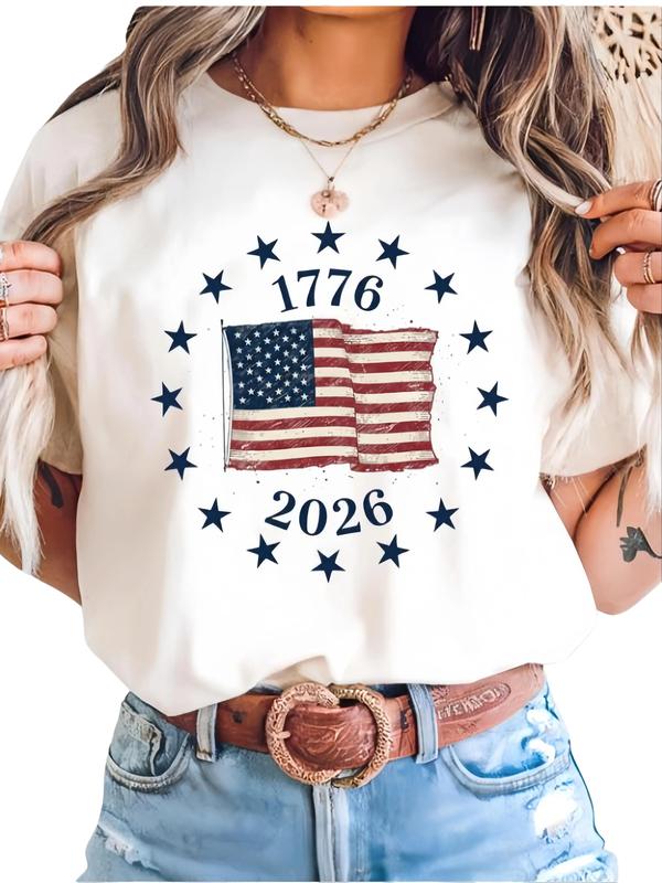 Women's Fitted Casual Cropped Cotton Tee - Soft, Korean H-Type, Patriotic USA Flag Graphic, Short Sleeve, 250th Anniversary 1776-2026, Crew Neck, Heat Transfer, Preppy, Thanksgiving Use