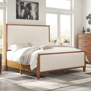 Amerlife 58" Tall Solid Wood Platform Bed Frame, Upholstered Headboard & Footboard, No Box Spring Needed, Easy Assembly, Modern Farmhouse Style