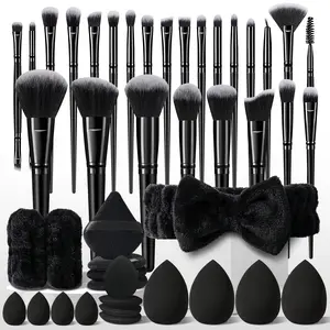44Pcs Travel Makeup Brush Set, 25Pcs Professional Premium Synthetic Makeup Brush, Makeup Sponges, Triangle Puffs, Water Drop Finger Puffs, Headband & Wristbands, Makeup Kit for Everyday Use and Beginners for Makeup Lovers, Makeup Tools