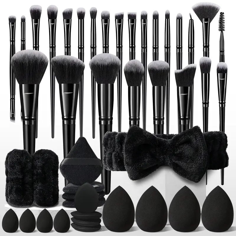 44Pcs Travel Makeup Brush Set, 25Pcs Professional Premium Synthetic Makeup Brush, Makeup Sponges, Triangle Puffs, Water Drop Finger Puffs, Headband & Wristbands, Makeup Brushes Kits for Everyday Use and Beginners for Makeup Lovers, Makeup Tools Gift
