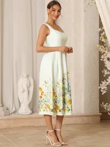 INSPIRE CHIC Women's Vintage 50s Dress Cocktail Sleeveless Square Neck Midi Floral A-Line Dresses