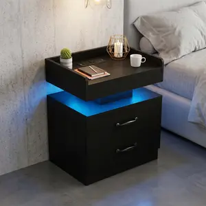 Black nightstand; modern-style black side table/nightstand featuring 16-color LED lighting and two drawers with silent-glide runners, suitable for the bedroom and living room.