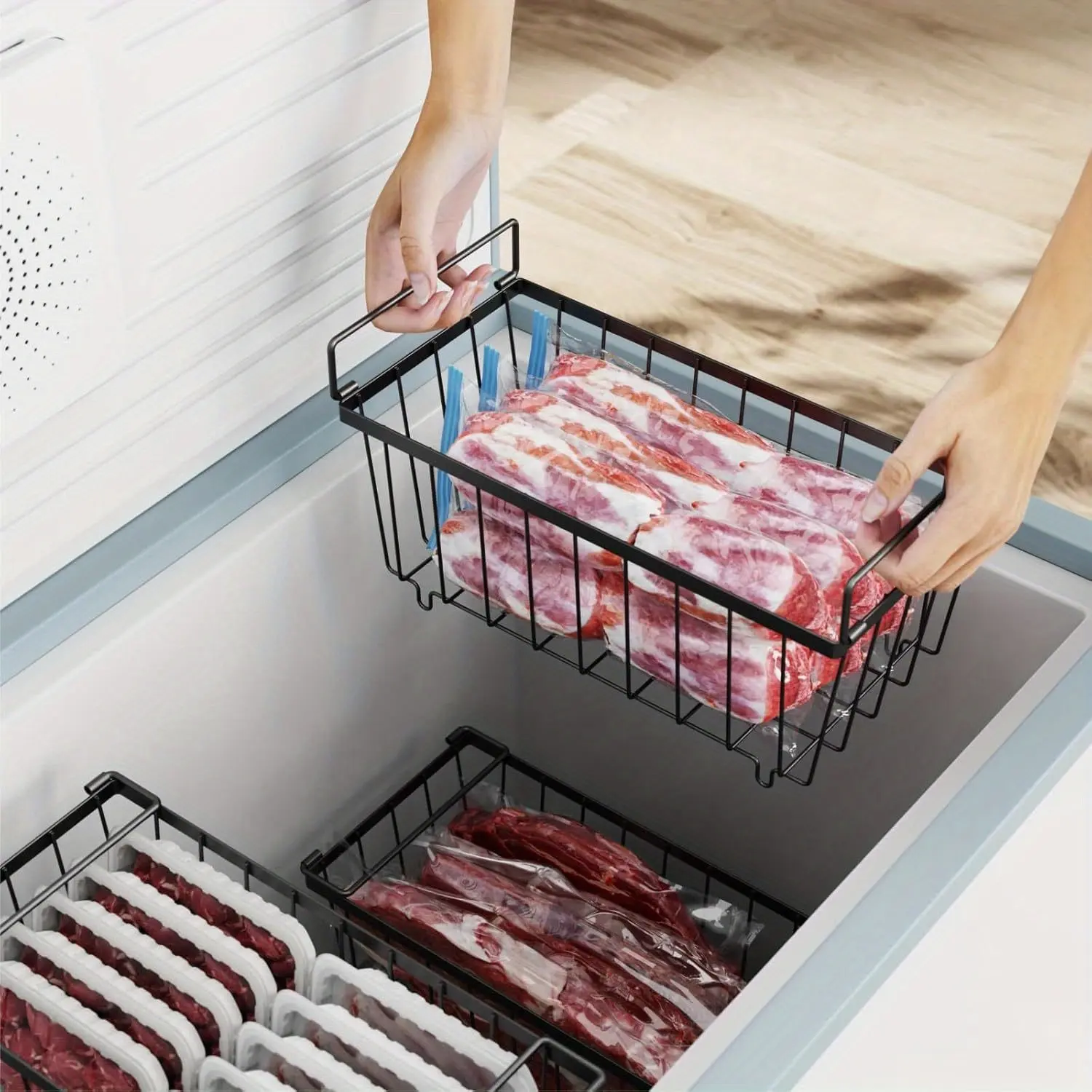 2/3/4/6packFreezer Organizer Bins Small Stackable Deep Freezer Organizer Bins for 7 Cu.Ft Freezers Easy Get Bottom Foods Without Digging, Chest Freezer Organizer Prevent Frozen Food Waste, Black