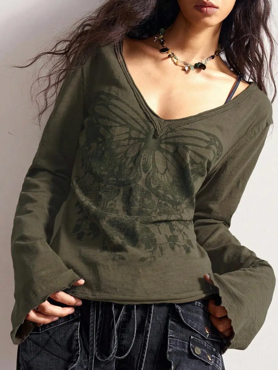Women's Solid Color Fitted Washed Long Sleeve V-Neck Knit T-Shirt