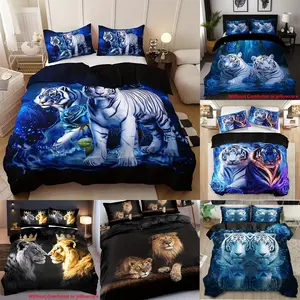 3pcs Bedding Set, Cool Blue Warrior Tiger Print, Soft Polyester, Includes 1 Fitted Sheet and 2 Pillowcases, Bedroom & Guest Room