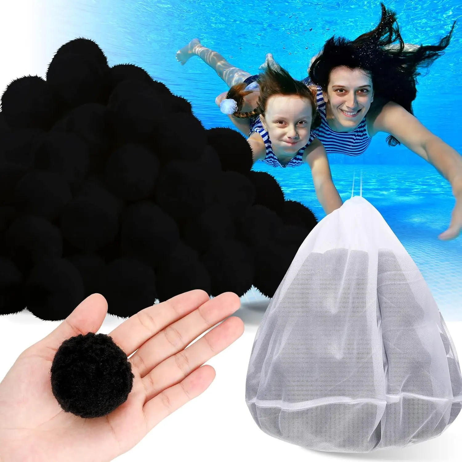 Pool Filter Media Balls Fiber Filter Media for Swimming Pool Sand Filters and Bath Center Bathtubs Spas Aquarium and Grime Cleaning Scum (4.6 lbs, Black)