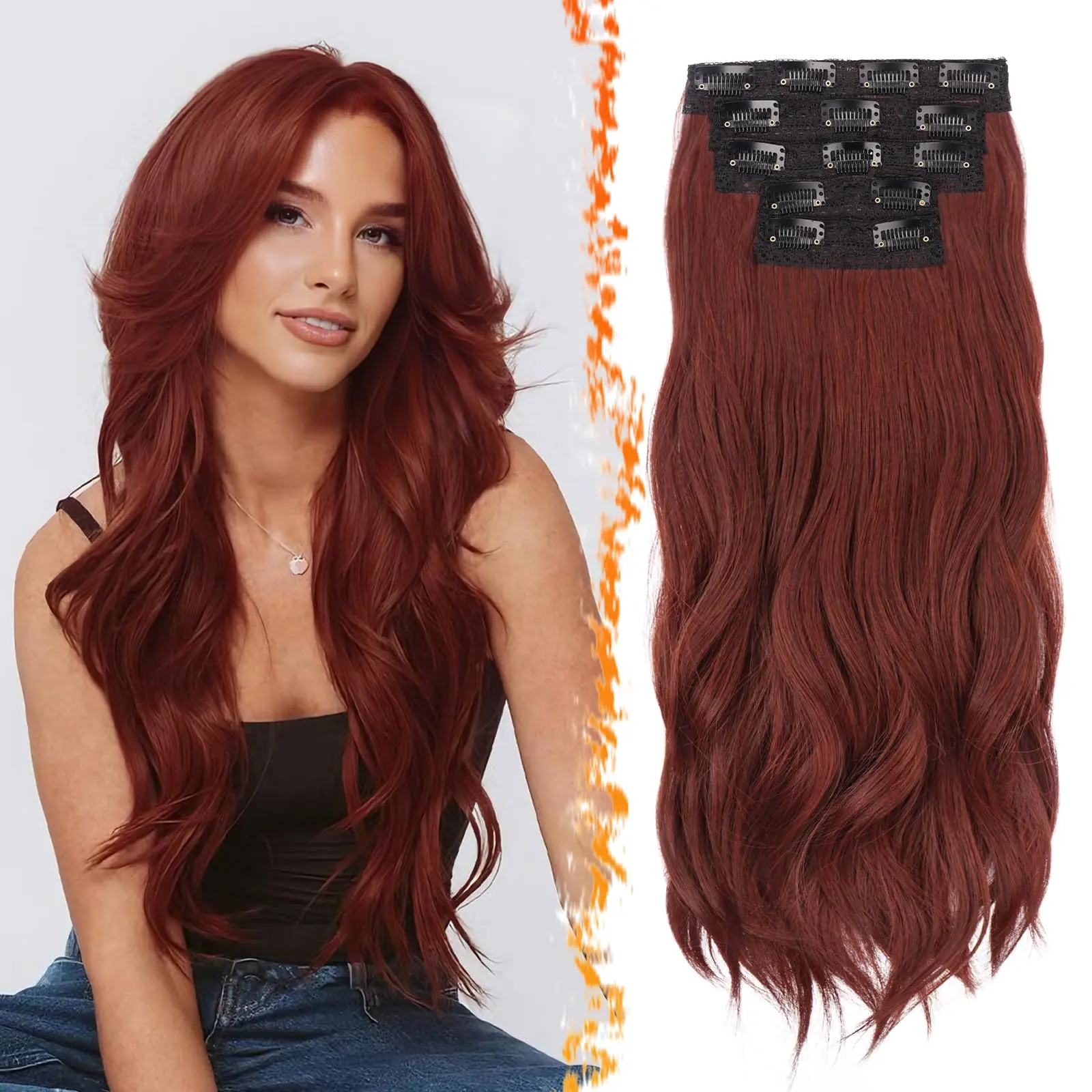 Auburn Red Clip In Hair Extensions - 20 Inch Soft Wavy Layered For Women 5 Lace Weft Voluminous Easy Wear Synthetic Hairpieces Dark