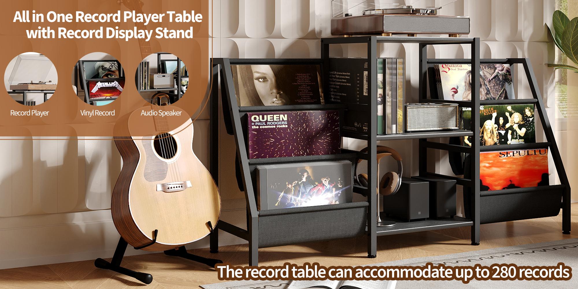 6 Tier Vinyl Record Storage Stand ，Holds 200+ Records & Enlarged Turntable Top，Vertical Space Saving Display Unit For Living Room