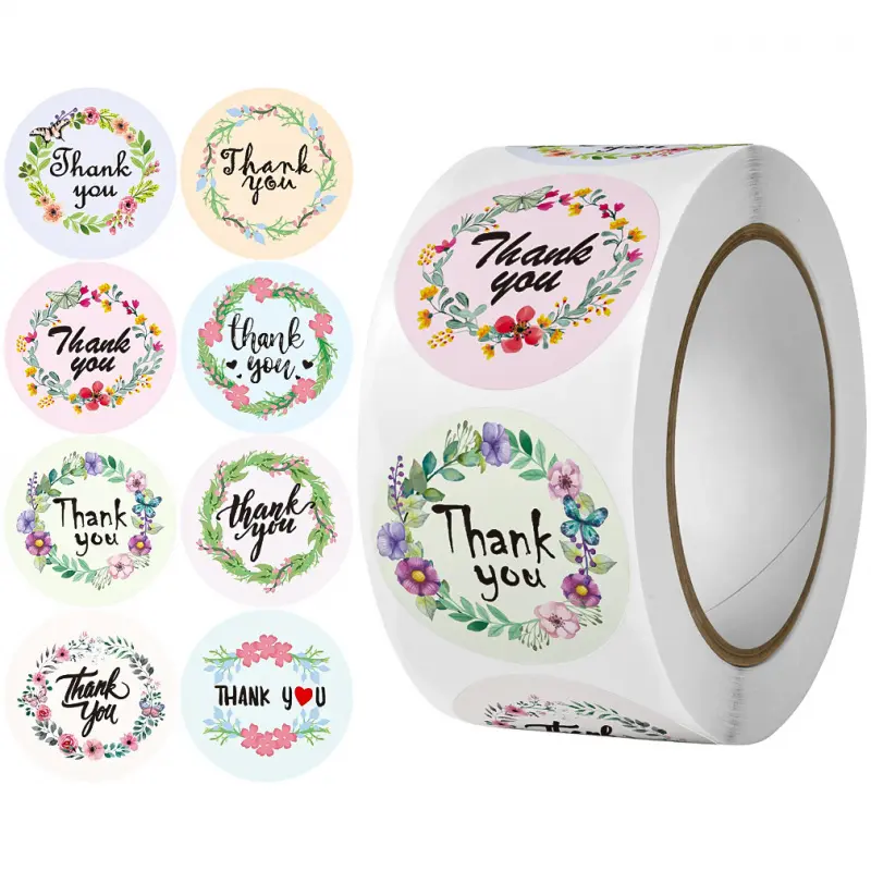 Thank You Stickers Floral Pattern Roll Self-Adhesive Labels Wedding Envelope Decorative Seal Stickers Round Labels Sticky Labels