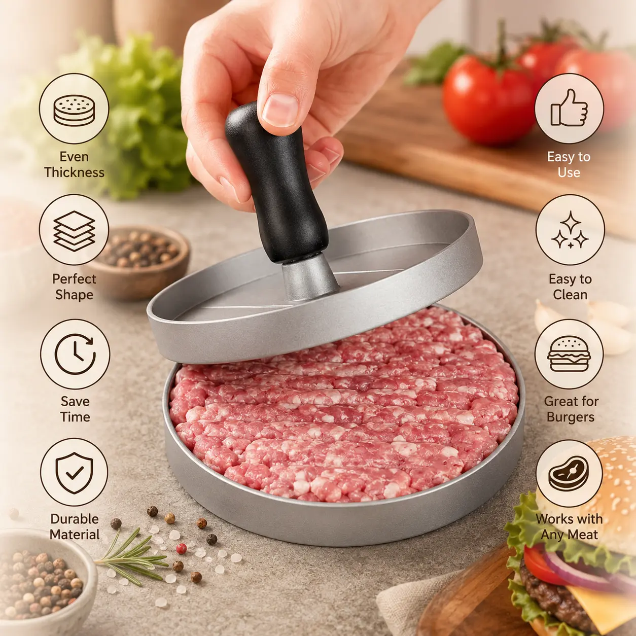 1 Pcs Burger Press Patty Maker Round Manual Burger Forming Tool for Home Kitchen Cooking Preparation Camping Use(Black)