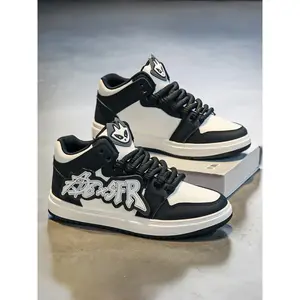 Men’s high-top graffiti skate shoes sneaker featuring a textured upper, anti-slip sole, and unique laces—trendy casual streetwear for young adults
