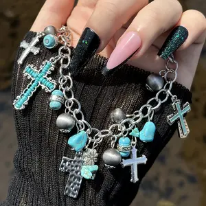 Vintage Ethnic Cross Pendant Bangle Western Cowboy Beach Bracelet Bohemian Chic Turquoise Beads OT Buckle Handmade Cross Drop Vacation Bracelet Party Birthday Gift