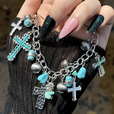 Vintage Ethnic Cross Pendant Bangle Western Cowboy Beach Bracelet Bohemian Chic Turquoise Beads OT Buckle Handmade Cross Drop Vacation Bracelet Party Birthday Gift