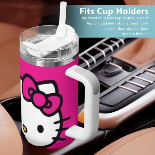 Sanrio Hello Kitty 40oz Large Capacity Handle Car Cup with Pink Bow Design and White Base for Hello Kitty Fans