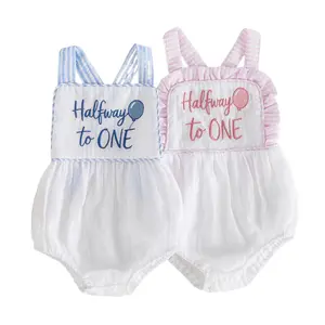 Infant Baby Boy Girl Half Birthday Romper Casual Ruffled Trim Striped Sleeveless Newborn Jumpsuit