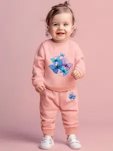 Cute Little Girl Fall Winter Round Neck Sweatshirt Set, Cartoon Beautiful Bowknot Print, Comfortable Fabric, Casual Two-Piece