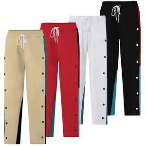 Men's contrast side-stripe buttoned straight-leg pants with an elastic drawstring waistband and slant pockets suitable for all seasons