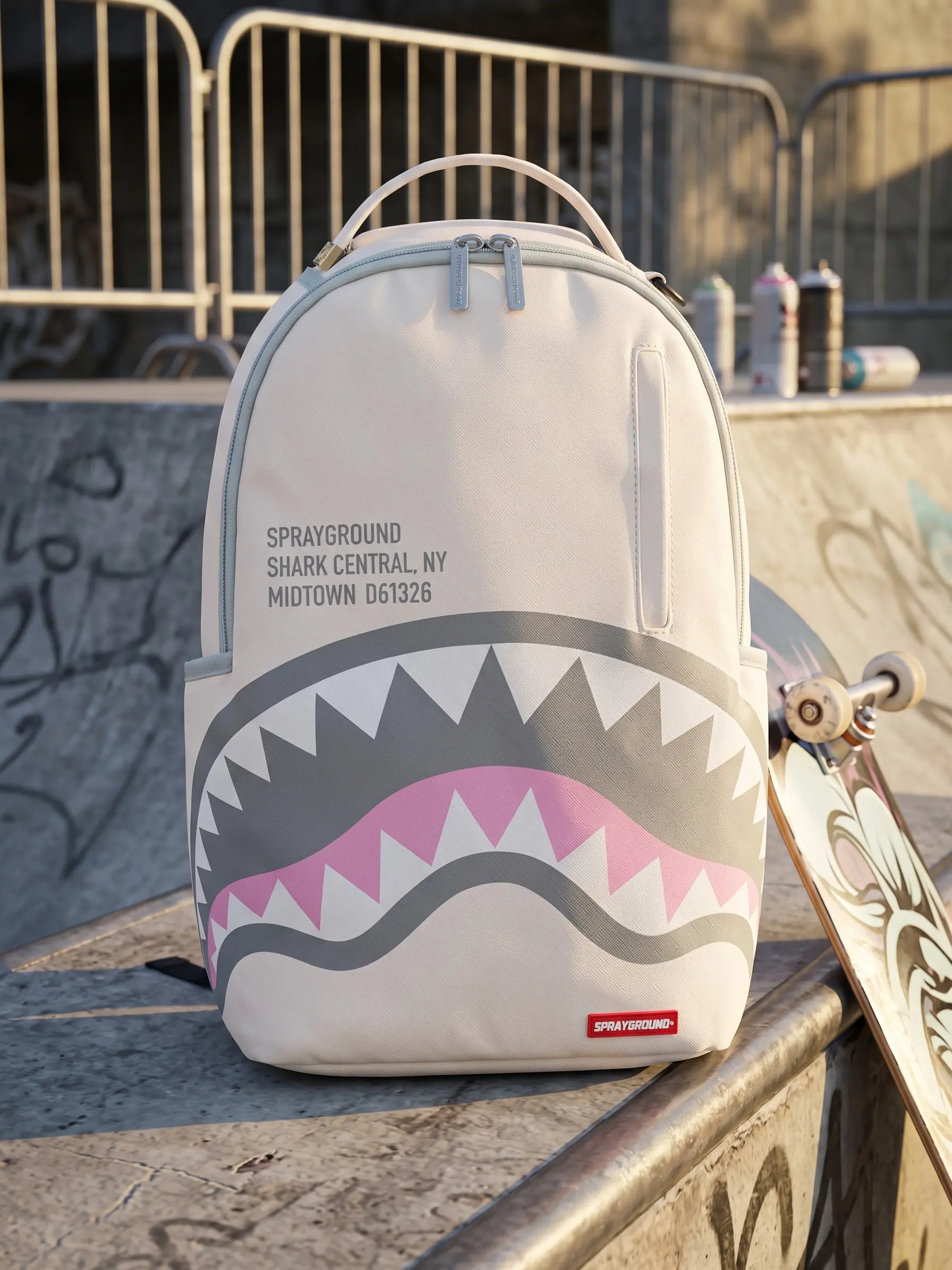 SG Cream Pink-Grey Shark-Mouth Dual Shoulder Backpack, 2D Flat NYC Address Print, Streetwear Hip Hop Style Gym Bag for Sports & Outdoor Use