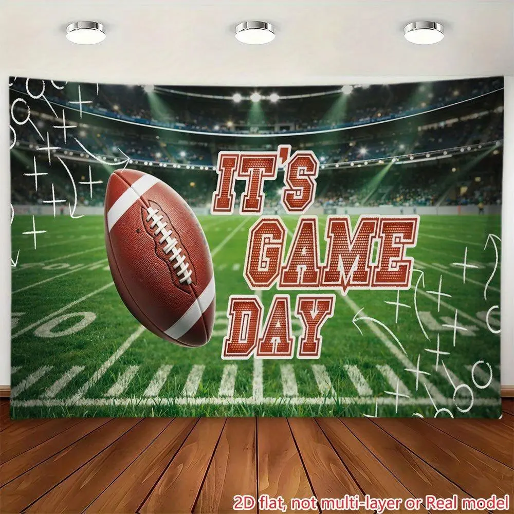 1PC Polyester Flat 2D American Football Backdrop Banner - 1-Piece Reusable Sports Party Decor with Football Field Elements, for Happy Birthday Events, Ceremony (51.46m)