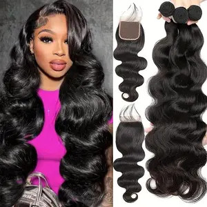 Thick Body Wave Bundles With Closure Free Part Human Hair Bundles With Closure 3 Bundles With Closure 4x4 Inch