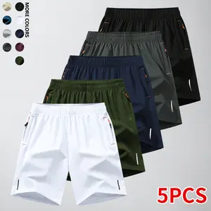Set of 5 men’s solid-color shorts featuring drawstring and zippered pockets; soft and comfortable. Men’s athletic shorts for outdoor sports, running, and fitness; summer clothing, men’s summer wear.