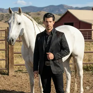 MONTERO Mens Blazer MT2178 Black Color Double Button Embroidery Plaid Pattern Medium Length Satin Lining Two Real Pockets Formal Attire Workwear