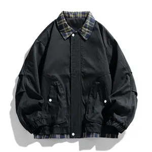 Men's Vintage Plaid Shirt Collar Splicing Jacket Loose Casual Fashion Lapel Workwear Coat Menswear Tops with Plaid Trim Black Color Stylish Office Long Sleeve