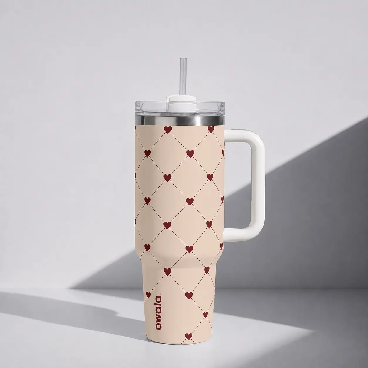 40oz Cute Heart Pattern Tumbler with Handle and Straw Lid, Aesthetic Pink Insulated Stainless Steel Travel Cup, Romantic Love Design Water Bottle for Women, Girls, Gym, Car & Daily Hydration