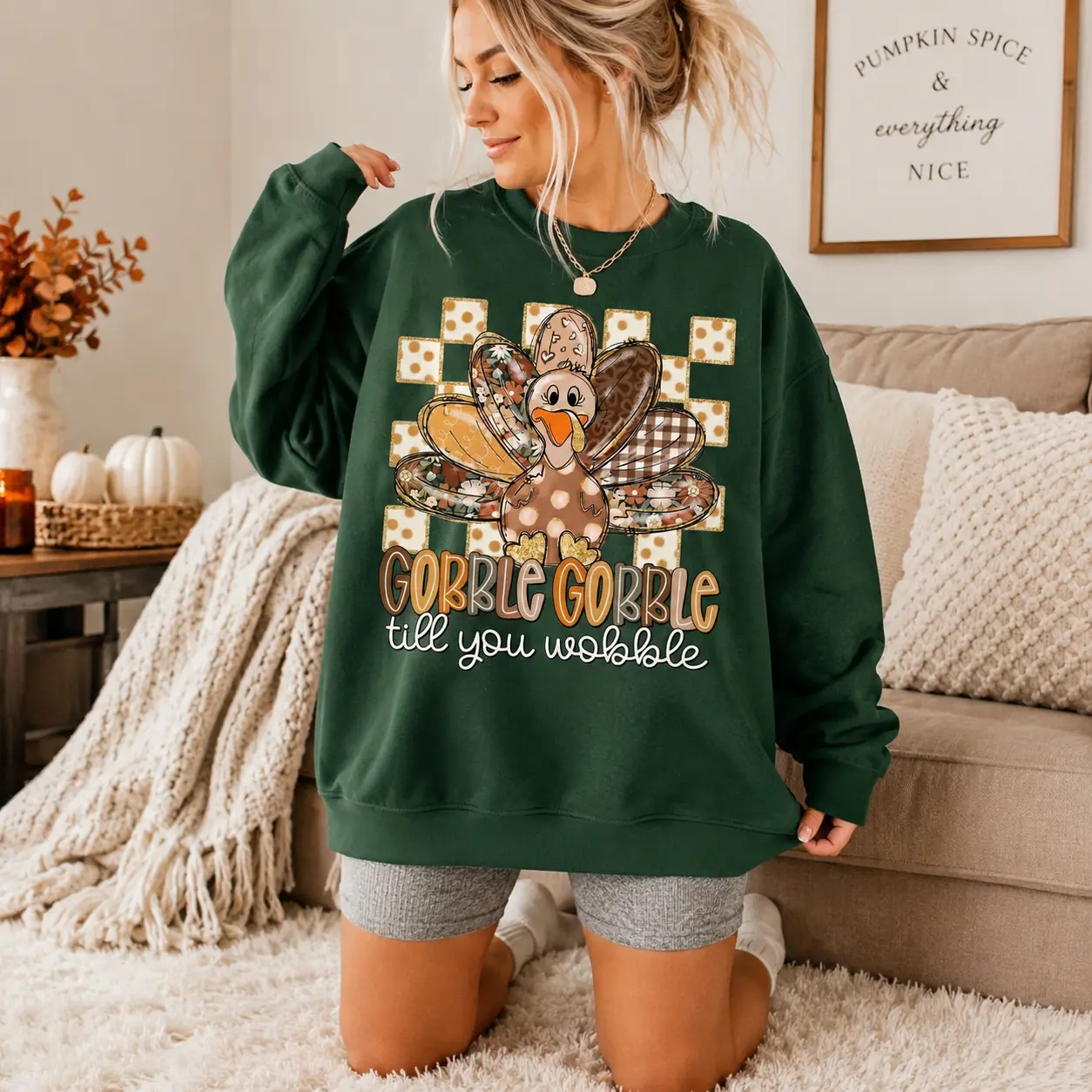 Gobble Gobble Till You Wobble Thanksgiving Sweatshirt, Cute Turkey Fall Graphic Crewneck, Funny Friendsgiving Shirt for Women, Thanksgiving Outfit