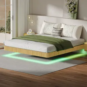 Modern Oak King Size Floating Platform Bed Frame, Arc Shape Wave Curve Wooden Panels, Heavy Duty Metal Slats, LED Lights - No Box Spring Required