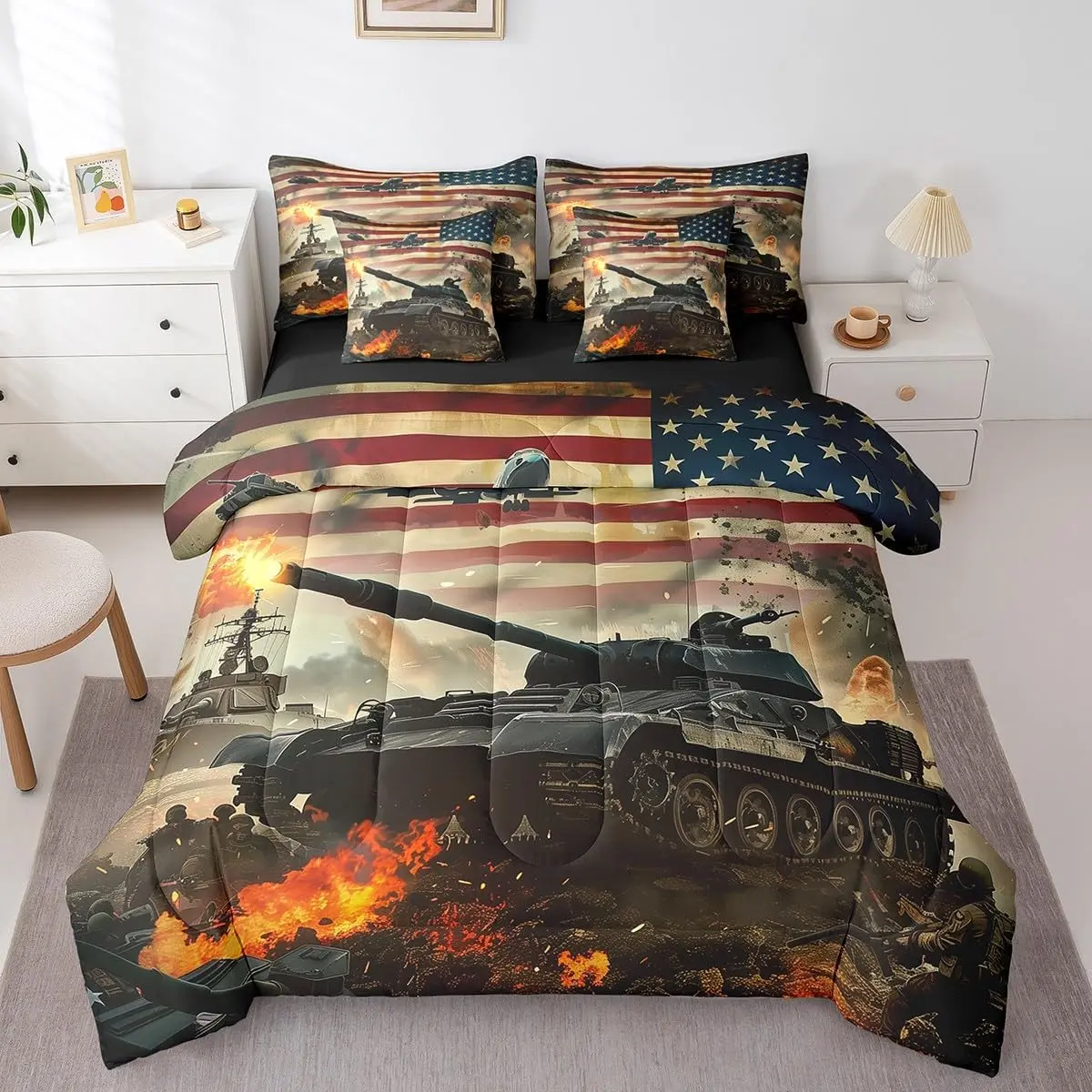 American Flag Comforter Set with Sheets 7 Piece Tank Fighter Plane Bed in A Bag Men Army Military Theme Bedding Set Reversible Black Bed Set with Comforter