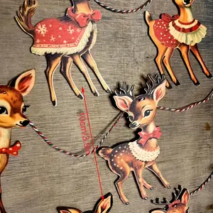 Vintage Christmas Deer Bunting Wooden Garland Decoration - Festive Holiday Home Office Party Gift