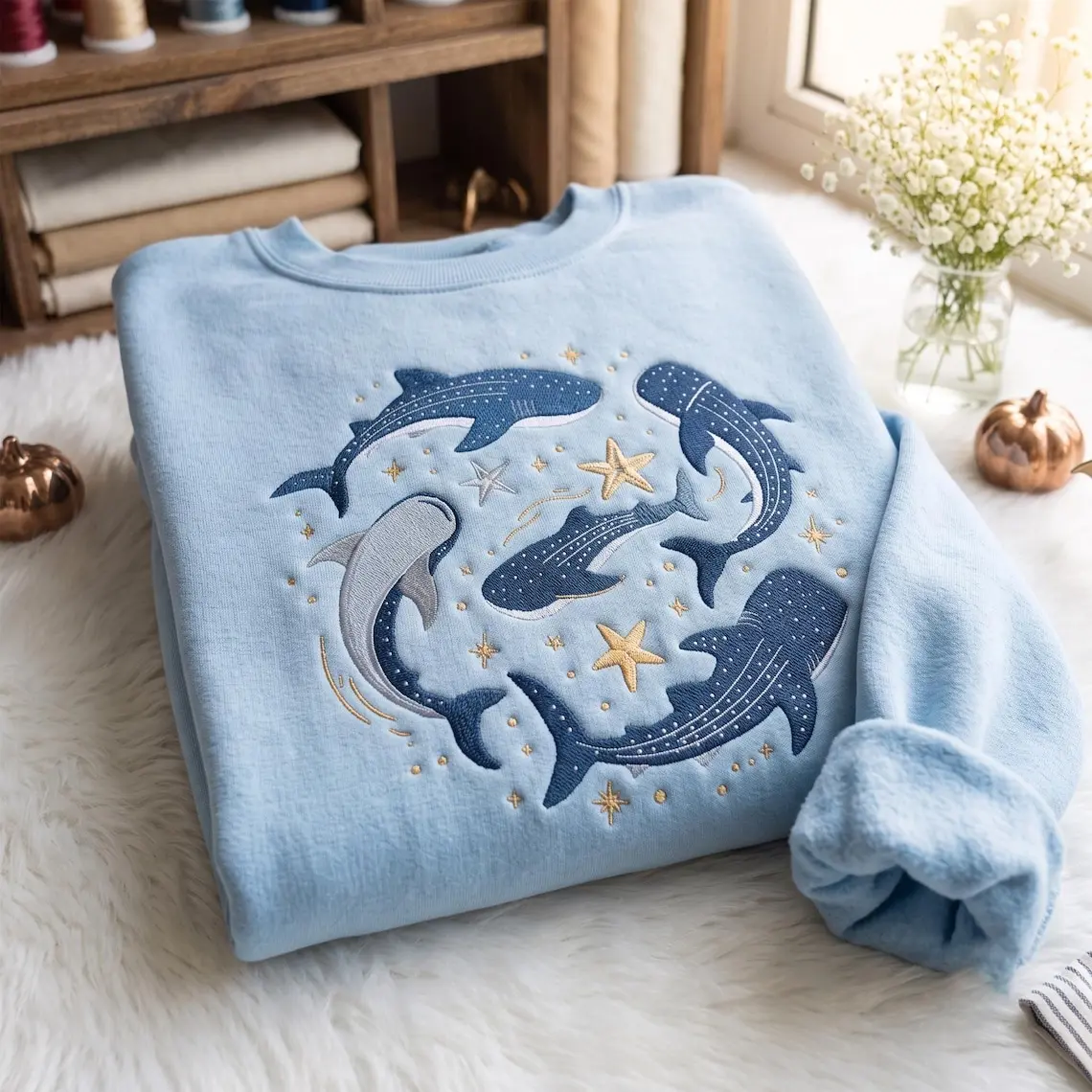 Embroidered Whale Shark Sweatshirt, Ocean Whale Crewneck, Marine Life Shirt, Blue Whale Pullover, Coastal Sea Animal Gift, Sea Lover Gift
