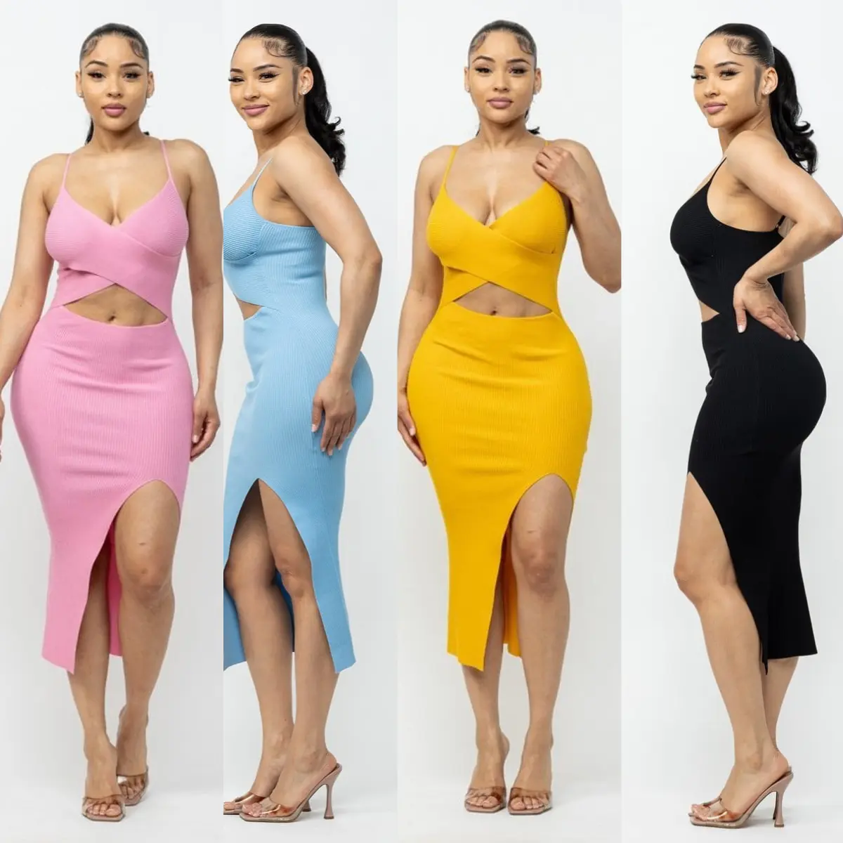 Sadia Cross Front Top Sleeveless V-Neck Side Slit Midi Dress for women Casual Clothing Minimalist Womenswear Day Elegant Day Elegant Piece Sexy Straight Style Formal Pink