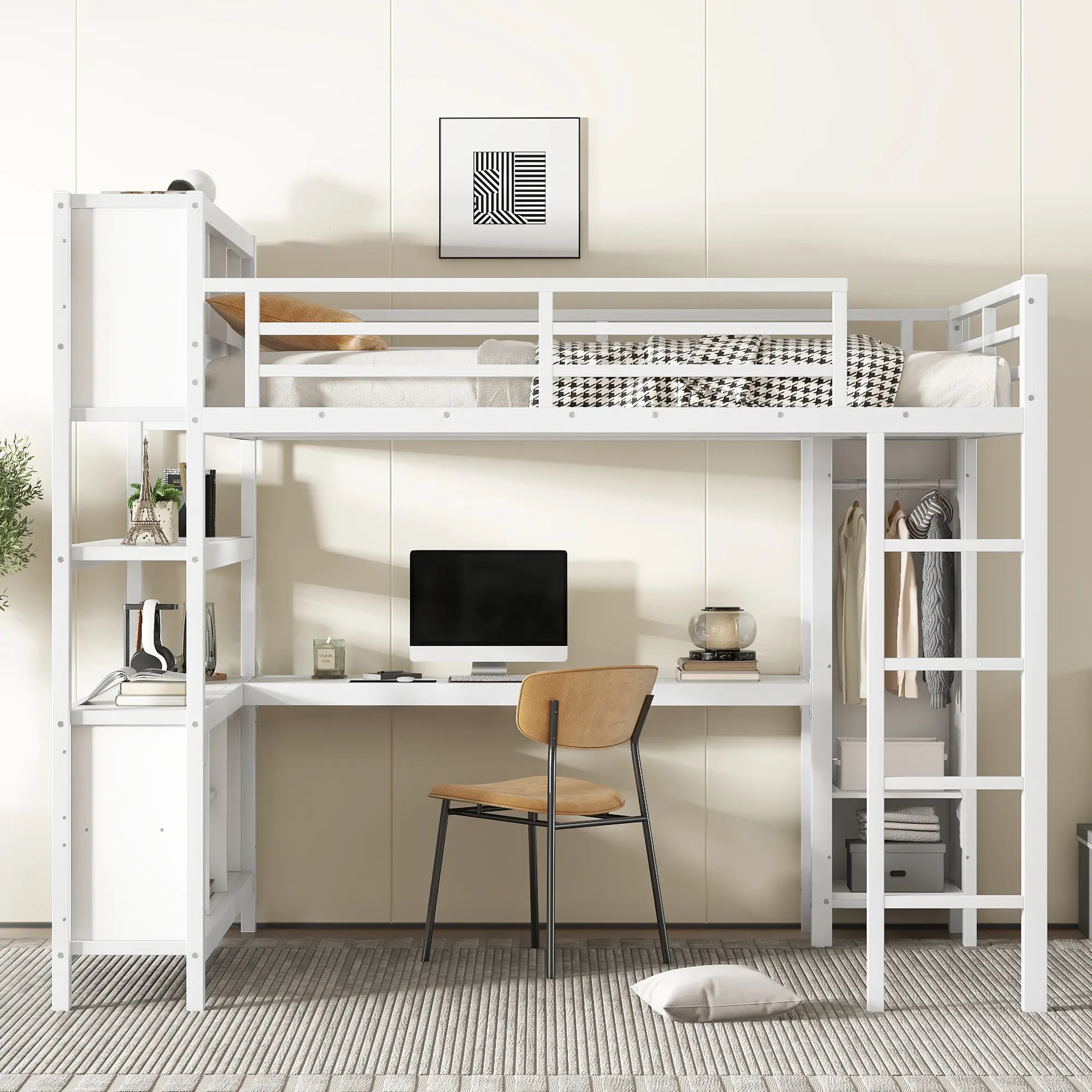 Queen Size Heavy-Duty Metal Loft Bed with L-Shaped Desk, Wardrobe, Storage Cubes, and Shelves for Kids & Adults (White)