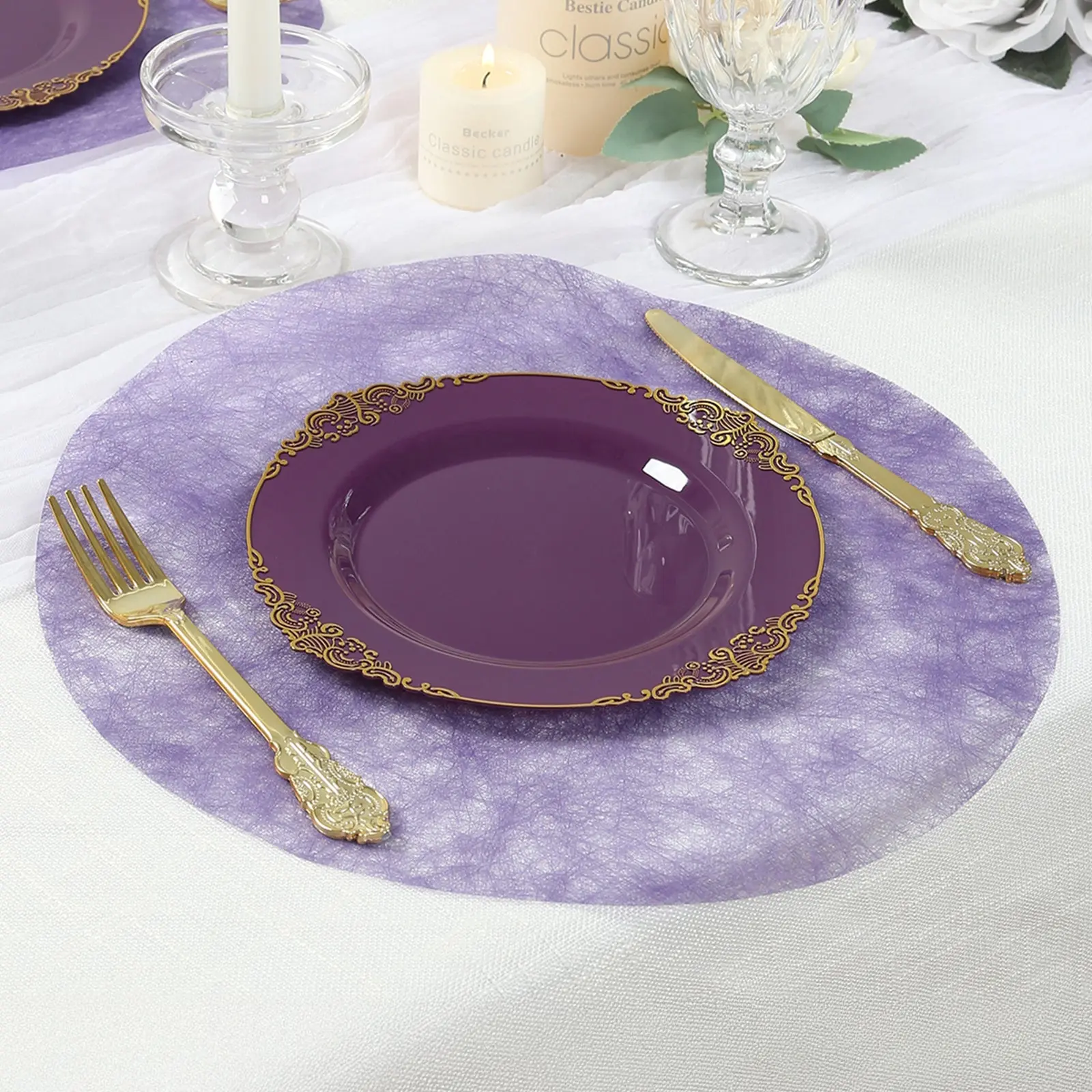 Disposable Lavender Lilac Household Kitchen Decorative Placemats (50-Pack) - 13 inches Non-Woven Mesh Fiber Round Home Supplies for Dining, Events, Hand Wash