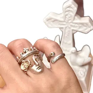 Retro Crown Face Ring | Handcrafted Adjustable Statement Jewelry