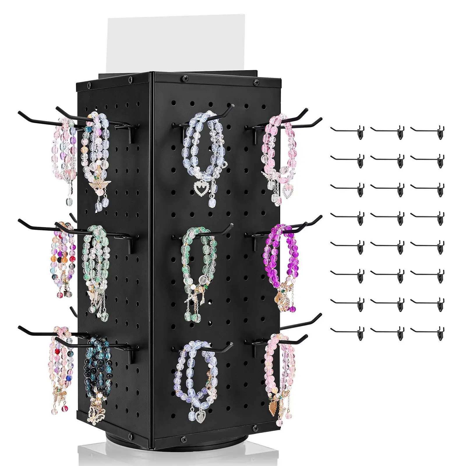 VEVOR Square Rotating Pegboard Display Stand, 7.4x7.4x17in 4-Sided Spinning Hanging Rack with 24 Hooks, Lightweight Sturdy Thick Cold-Rolled Steel Organizer with Casters for Retail Store Jewelry Shop, Black