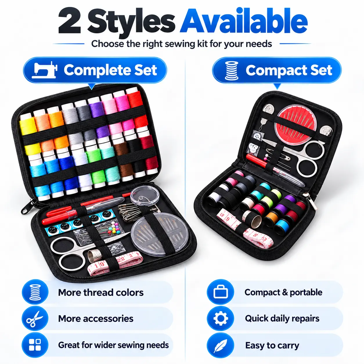 Portable Sewing Kit with Carry Case, Complete Hand Sewing Supplies Set with Colorful Threads, Needles, Scissors, Measuring Tape, Seam Ripper & Accessories for Home, Travel and Quick Repairs