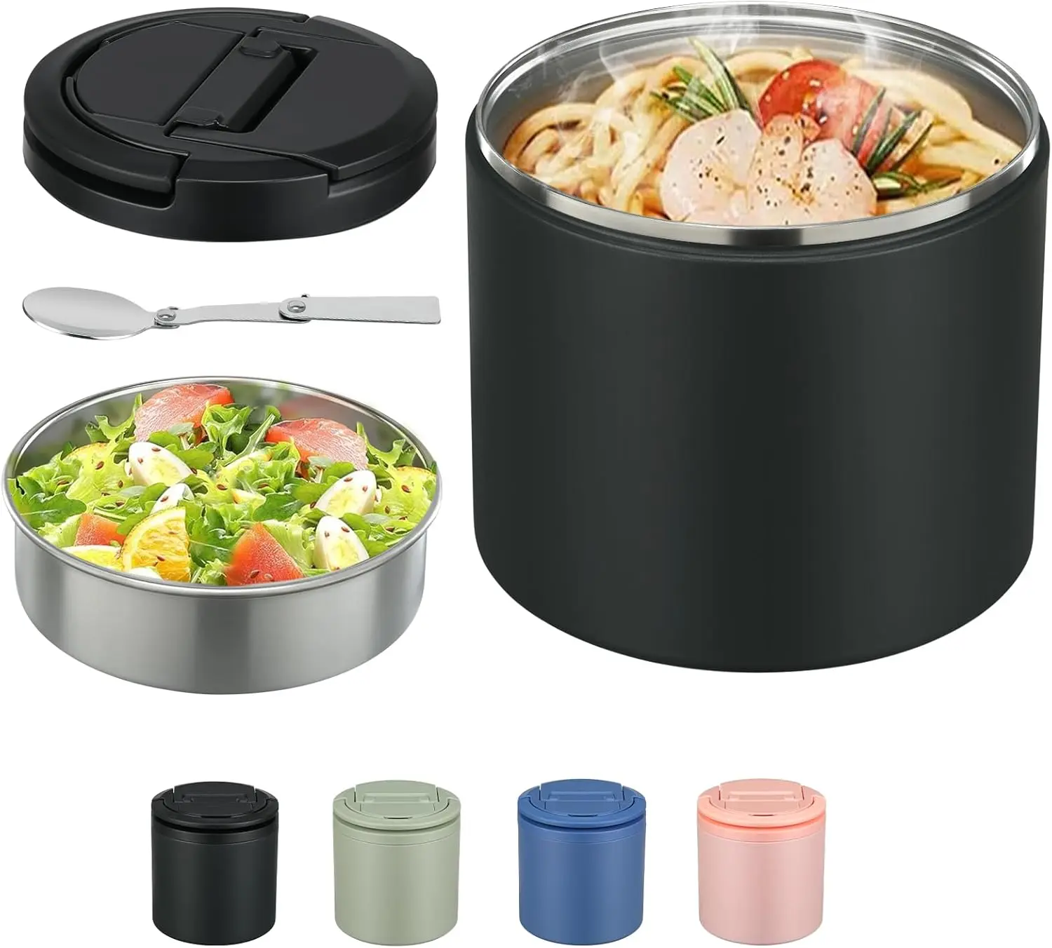 Soup Thermo for Hot  Adults 40oz Lunch Containers Wide, Thermo Insulated Containers Leak Proof Vacuum Stainless Steel With Carry Handle and Spoon  (black)