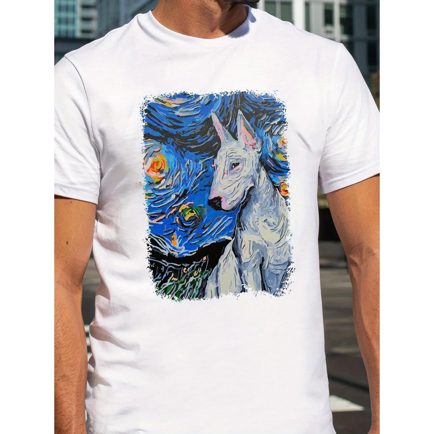 Men's Cotton T-Shirt with Bull Terrier Dog in Starry Night Style Painting Print