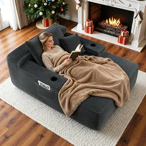 65''Boneless Chaise Lounge, Upholstered Sofa Bed with Throw Pillows and Armrests, with Cup Holders and side storage pocket,Recliner Loveseat Reading Chairs，Sleeper Chair Luxurious Plush Corduroy Chair Bed for Living Room No Assembly Require summervibes