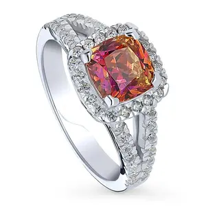 BERRICLE Sterling Silver Halo Kaleidoscope Cocktail Split Shank Ring for Women, Red Orange Cushion Cut Cubic Zirconia CZ