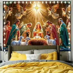 Religious Christmas Nativity Scene Backdrop Banner with Angels and Holy Figures for Festive Decor - Suitable for Gifts, Party Background, Holiday Birthday Studio Props, Ideal Room Decorations