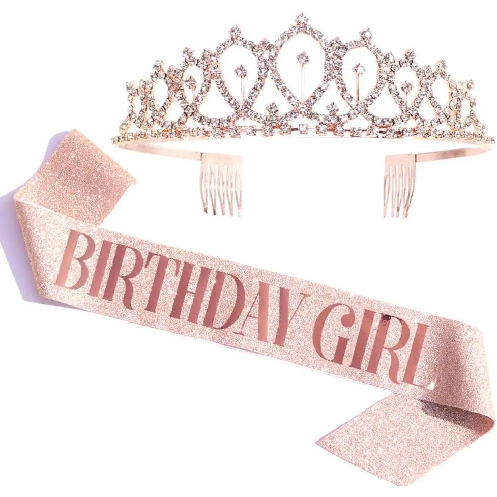 P-HDW018    Birthday Girl Sash & Rhinestone Tiara Kit - Rose Gold Birthday Gifts Glitter Birthday Sash Birthday Party Favors