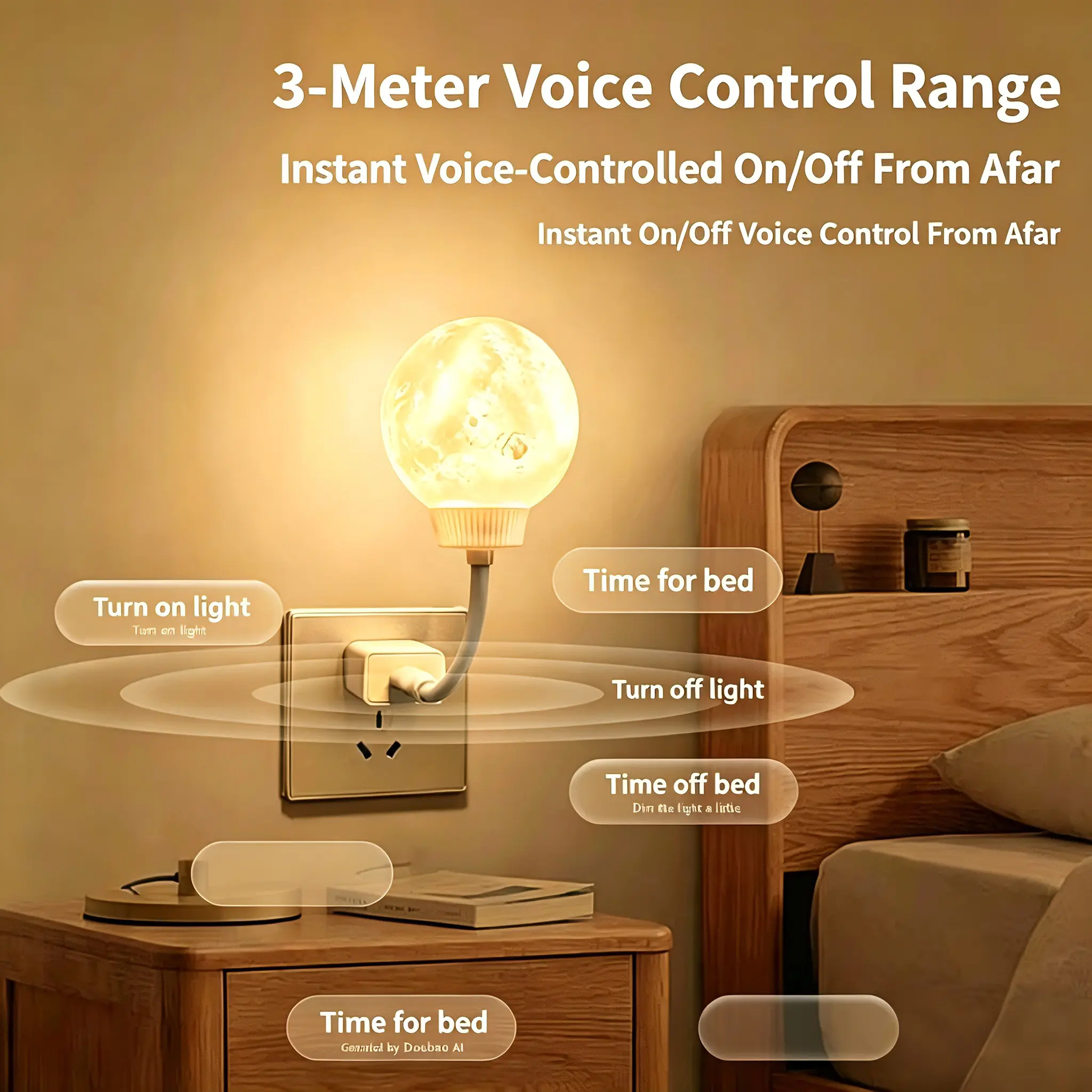 Smart Voice Control Moon Lamp - No WiFi Required Plug-and-Play USB LED Nightlight with Soft Glow, 3M Range Audio Activation, Bedroom Lighting, Decorative Ambiance Lighting, LED Lights for Bedroom Aesthetics