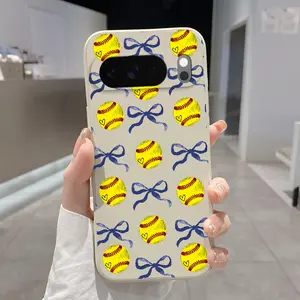 Rounded Edge Phone Case for Google Pixel 10 9 XL 8 7 Pro A  Softball Bow Dream Pattern Shockproof Liquid Silicone TPU Bumper Drop Protection Cover Smartphone Casing