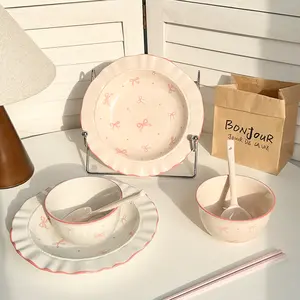 Pink Bow Ceramic Dinnerware Set | 2 Plates + 2 Bowls + 2 Spoons | Ruffled Edge Dishes for Breakfast & Dessert