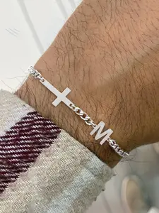 Men's Silver Color Initial Cross Pendant Bracelet, Fashion Stainless Steel Cuban Chain, Casual Style, Letter Link Bracelet, All Seasons